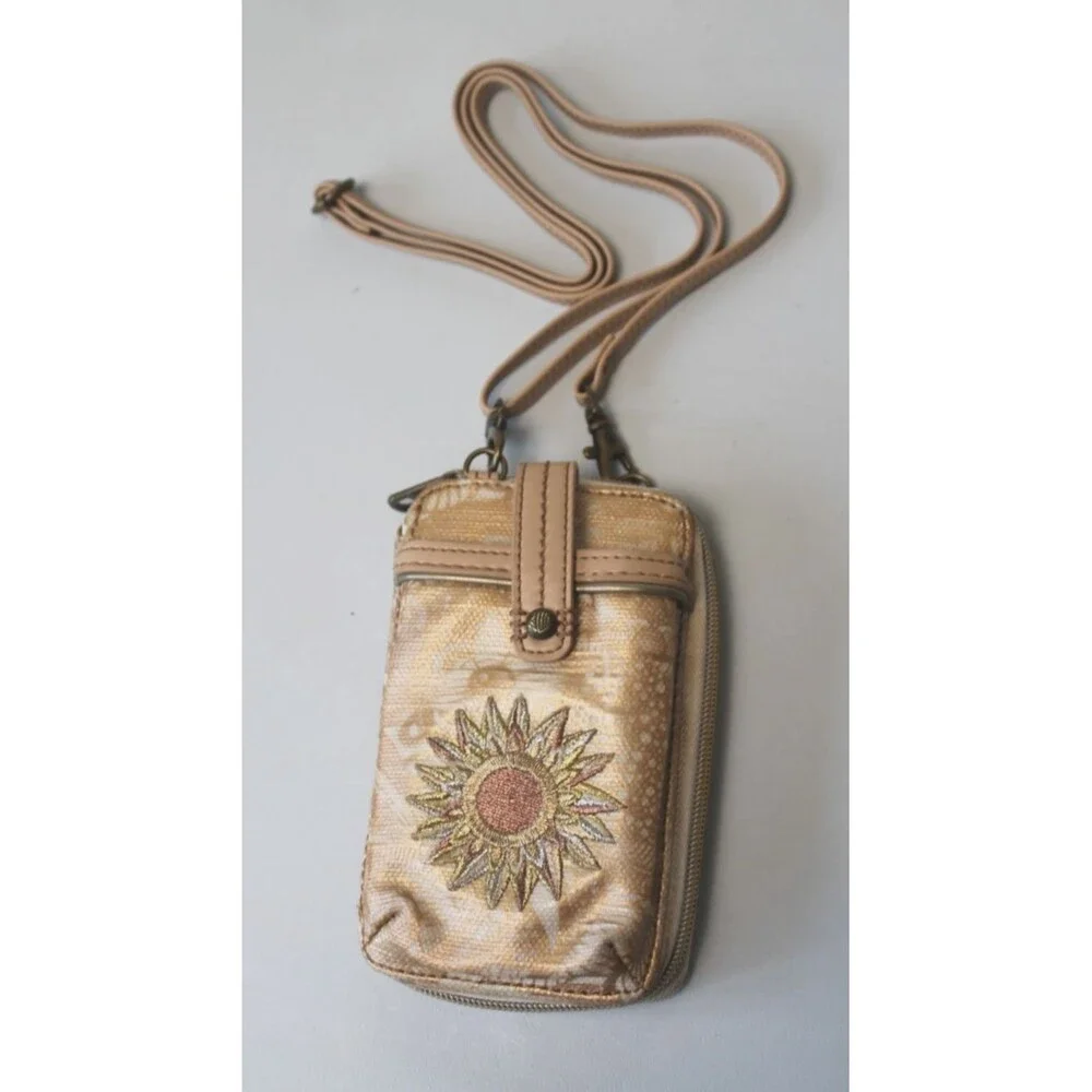 Sakroots Wallet/wristlet/cell phone purse w/Crossbody Strap Gold Celestial Sun